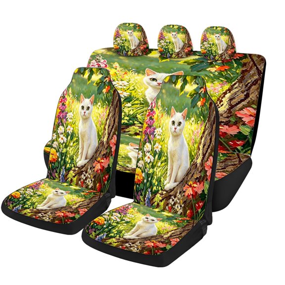Odenmar White Cat Flower Garden Car Seat Covers Full Set, Mesh Fabric Universal Automotive Seat Protector with Front Seat Covers, Rear Bench Cover and Headrest Covers for Cars SUVs Trucks Vans