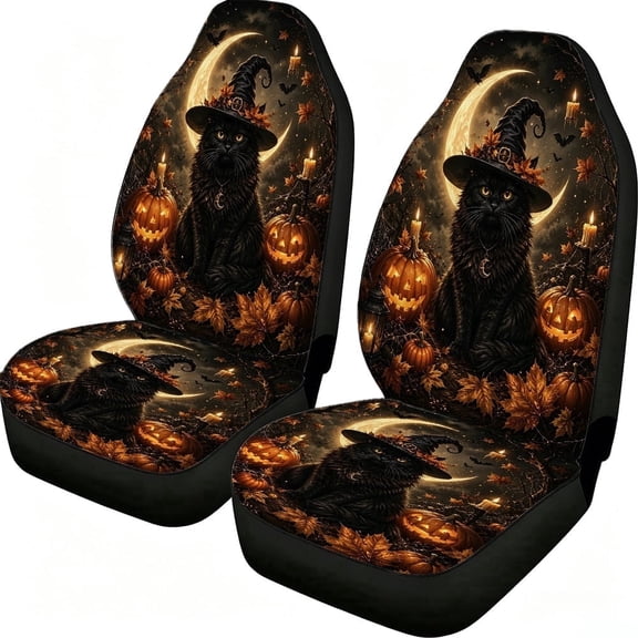 Odenmar Witch Cat Pumpkin Halloween Car Seat Covers, 2-Piece Front Protectors, Made with Mesh Fabric, Universal Fit for Trucks Vans Suvs