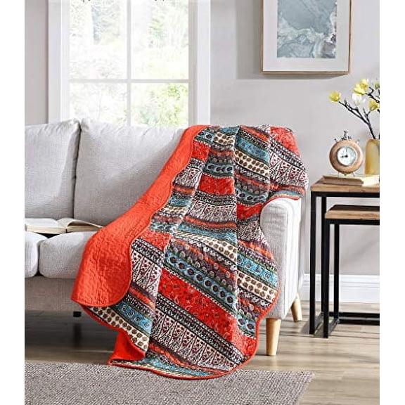 Chezmoi Collection Odette Boho Chic Bohemian 100% Cotton Quilt Set, Twin, Orange, 2-Pieces