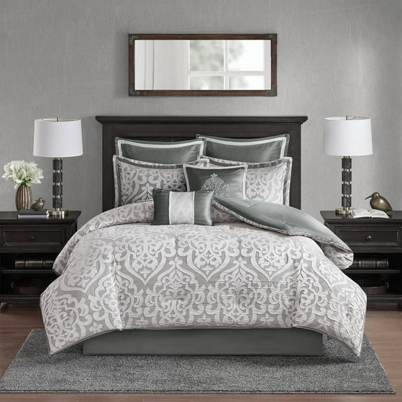 Odette Cozy Comforter Set Jacquard Damask Medallion Design - Modern All Season, Down Alternative Bedding, Shams, Decorative Pillows, King(104 in x 92 in), Silver 8 Piece
