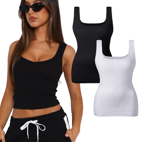 Odifni 2 Pack Women's Camisole Modal Cotton Tank Tops, Adjustable Wide Strap Basic Undershirt Square Neck Ribbed Cami