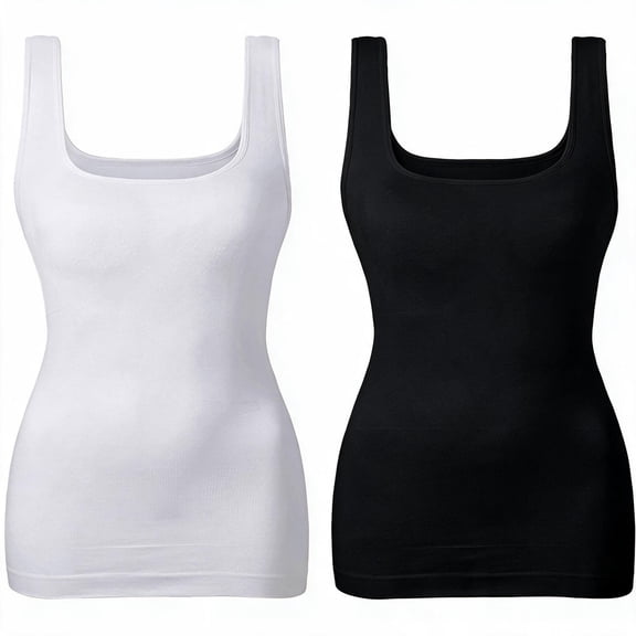 Odifni Women's Tank Tops 2 Pack, Square Neck Modal Cotton Ribbed Cami, White and Black Sleeveless Tops
