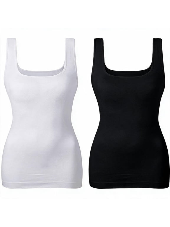 Women's Tank Tops 2 Pack, Square Neck Modal Cotton Ribbed Cami, White and Black Sleeveless Tops