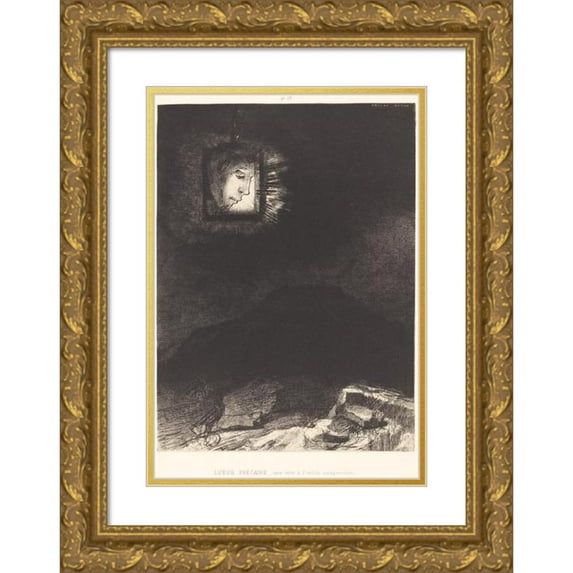 Odilon Redon 11x14 Gold Ornate Wood Frame and Double Matted Museum Art Print Titled - Precarious Light, an Infinite Suspended Head (Precarious Glimmering, a Head Sushedd) (1891)