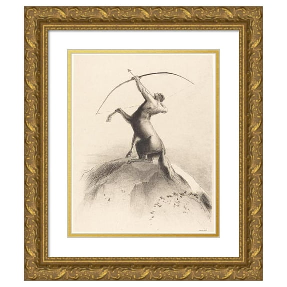 Odilon Redon 12x14 Gold Ornate Wood Frame and Double Matted Museum Art Print Titled - Centaur Targeting the Clouds (Centaur Aiming at the Clouds) (1895)