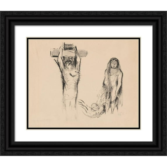 Odilon Redon 14x12 Black Ornate Wood Framed Double Matted Museum Art Print Titled: Saint Anthony and the Two Temptresses (Saint Antoine and Two Temptors) (1896-1900)