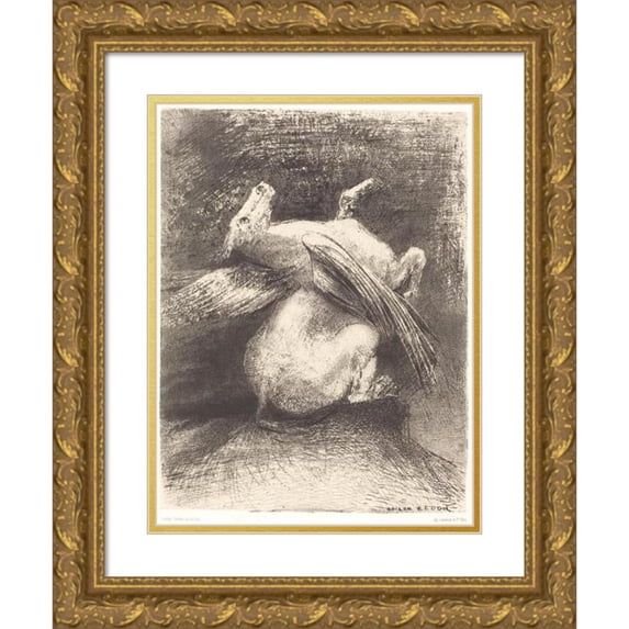 Odilon Redon 14x18 Gold Ornate Wood Frame and Double Matted Museum Art Print Titled - The Helpless Wing was Not Beaten Up in These Black Spaces (The Impotent Wing Did Not Lift the Animal int