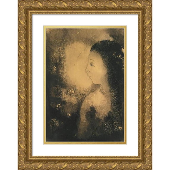 Odilon Redon 14x18 Gold Ornate Wood Frame and Double Matted Museum Art Print Titled - Women's Profile with Flowers (circa 1890)