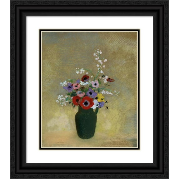 Odilon Redon 15x17 Black Ornate Wood Framed Double Matted Museum Art Print Titled - Large Green Vase with Mixed Flowers (1910 - 1912)