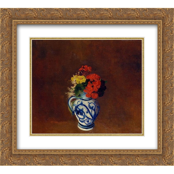 Odilon Redon 2x Matted 24x20 Gold Ornate Framed Art Print 'Geraniums and other Flowers in a Stoneware Vase '