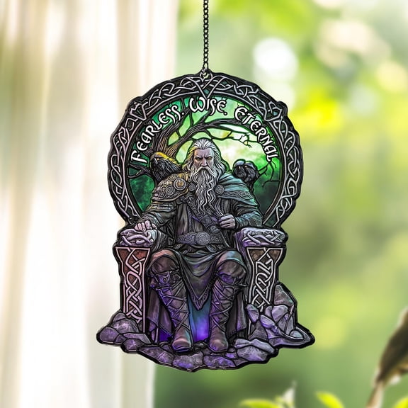 Odin Suncatcher Acrylic Window Hanging, Norse Mythology Decor with Raven and Throne, Fearless Wise Eternal Gift for Viking Lovers