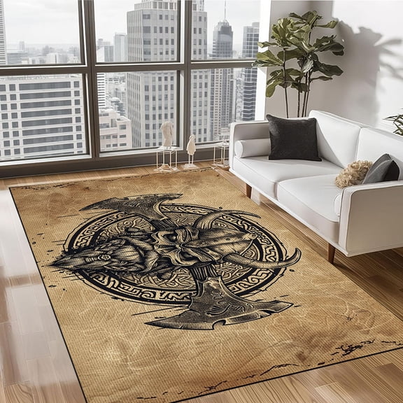 Odin Viking Pattern Area Rug for Bedroom Living Room, Premium Norse Decor, Skull and Axe Rug, Non-Slip Washable Kitchen Rug Soft Area Rug for Bathroom Entryway Hallway Dining Living Room