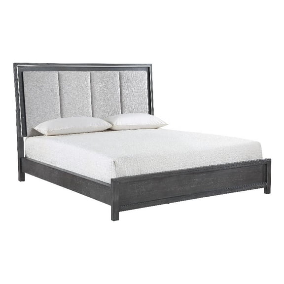 Odiy King Size Bed- Vertical Padded Gray Upholstery- LED Headboard