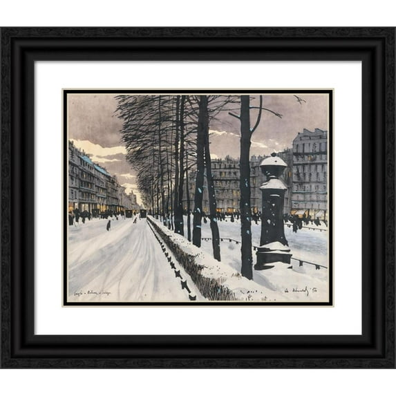Odo Dobrowolski 14x12 Black Ornate Wood Framed Double Matted Museum Art Print Titled: A Paris Boulevard in the Snow (1910)