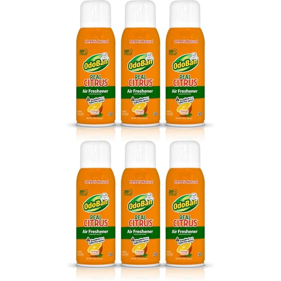 OdoBan Aroma Eliminator, 360-Degree Continuous Spray Natural Oil Real Citrus Air Freshener, Toilet Spray, 6-Pack, 10 Ounces Each, Orange Scent