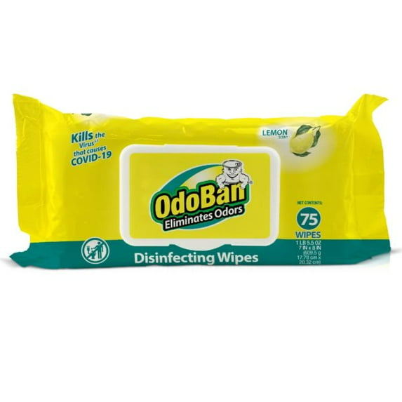 OdoBan Disinfectant and Odor Eliminating Wipes, Air Freshener, 2 Pack, 75 Wipes per Package, Lemon Scent