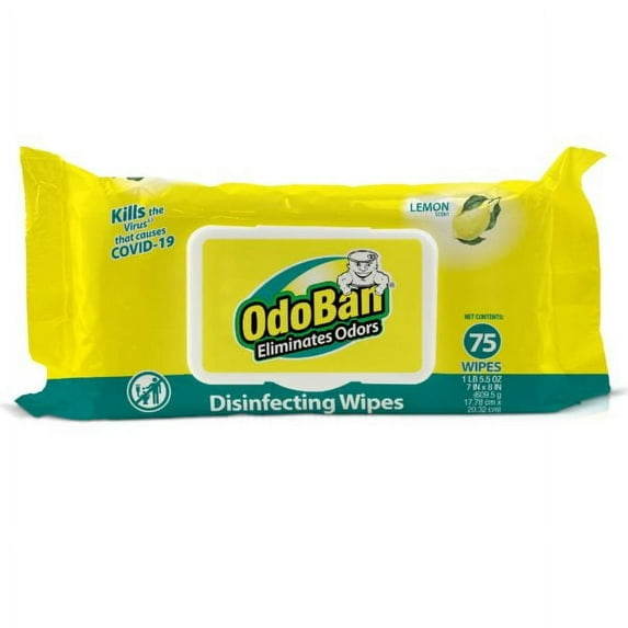 OdoBan Disinfectant and Odor Eliminating Wipes, Air Freshener, Package of 75 Wipes, Lemon Scent