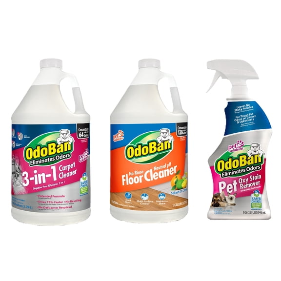 OdoBan Pet Oxy Stain Remover 32 Fl Oz Spray Bottle, No Rinse Neutral pH Hard Floor Cleaner, 1 Gallon, and 3-n-1 Carpet Cleaner, 1 Gallon