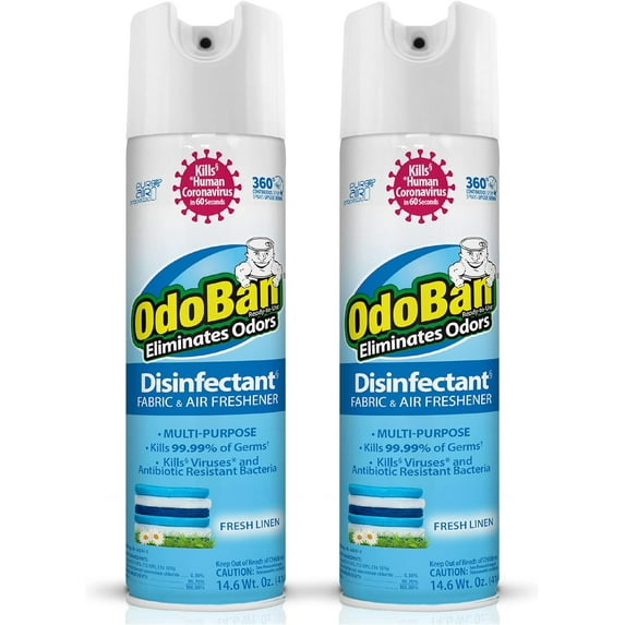 OdoBan Ready-to-Use 360-Degree Continuous Spray Disinfectant Cleaner and Odor Eliminator, Fabric and Air Freshener, 2 Pack, 14.6 Ounces Each, Fresh Linen Scent