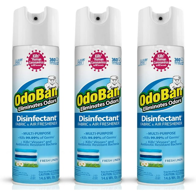 OdoBan Ready-to-Use 360-Degree Continuous Spray Disinfectant Cleaner and Odor Eliminator, Fabric and Air Freshener, 3 Pack, 14.6 Ounces Each, Fresh Linen Scent