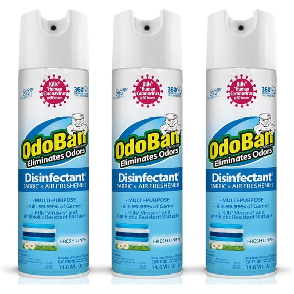 OdoBan Ready-to-Use 360-Degree Continuous Spray Disinfectant Cleaner and Odor Eliminator, Fabric and Air Freshener, 3 Pack, 14.6 Ounces Each, Fresh Linen Scent