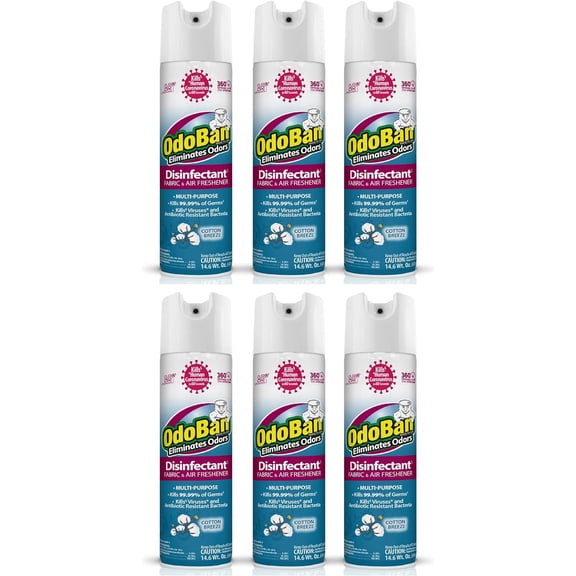 OdoBan Ready-to-Use 360-Degree Continuous Spray Disinfectant Cleaner and Odor Eliminator, Fabric and Air Freshener, 6 Pack, 14.6 Ounces Each, Cotton Breeze Scent