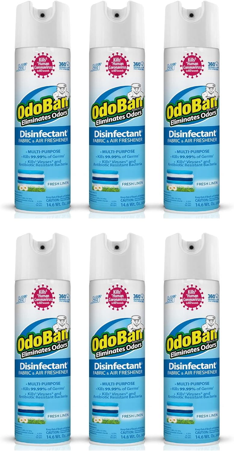 OdoBan Ready-to-Use 360-Degree Continuous Spray Disinfectant Cleaner and Odor Eliminator, Fabric and Air Freshener, 6 Pack, 14.6 Ounces Each, Fresh Linen Scent