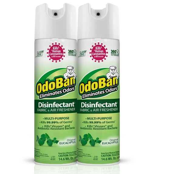 OdoBan Ready-to-Use 360-Degree Continuous Spray Disinfectant and Harsh Aroma Eliminator, Fabric and Air Freshener, 2 Pack, 14.6 Ounces Each, Original Eucalyptus Scent