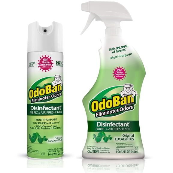 OdoBan Ready-to-Use Disinfectant and Harsh Aroma Eliminator, Cleaner and Fabric/Air Freshener, Set of 2, 14.6 Ounce 360-Degree Continuous Spray and 32 Ounce Trigger Spray, Original Eucalyptus Scent