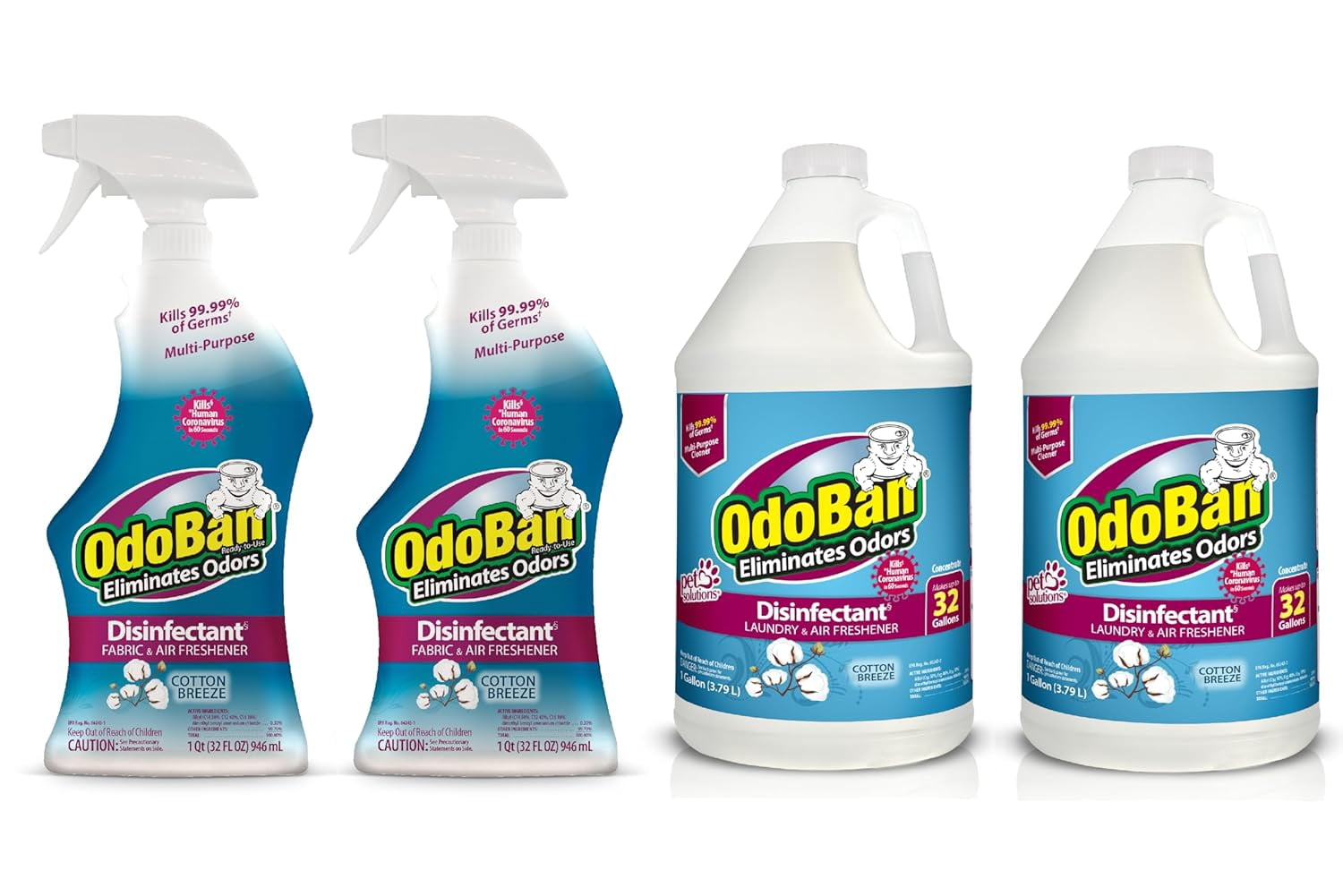 OdoBan Ready-to-Use Disinfectant and Odor Eliminator, 32 fl oz Spray 2-Pack and 2 Gallons Concentrate, Night Ice Scent