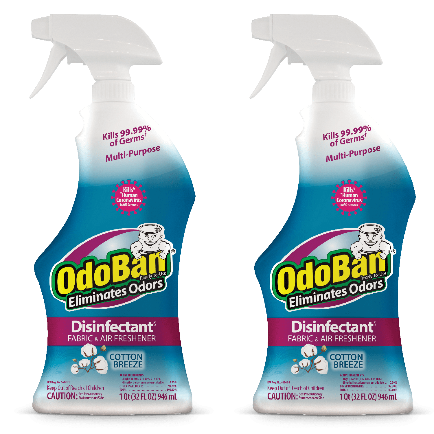 OdoBan Ready-to-Use Disinfectant and Odor Eliminator, 32 fl oz Spray Bottle, Set of 2, Cotton Breeze Scent