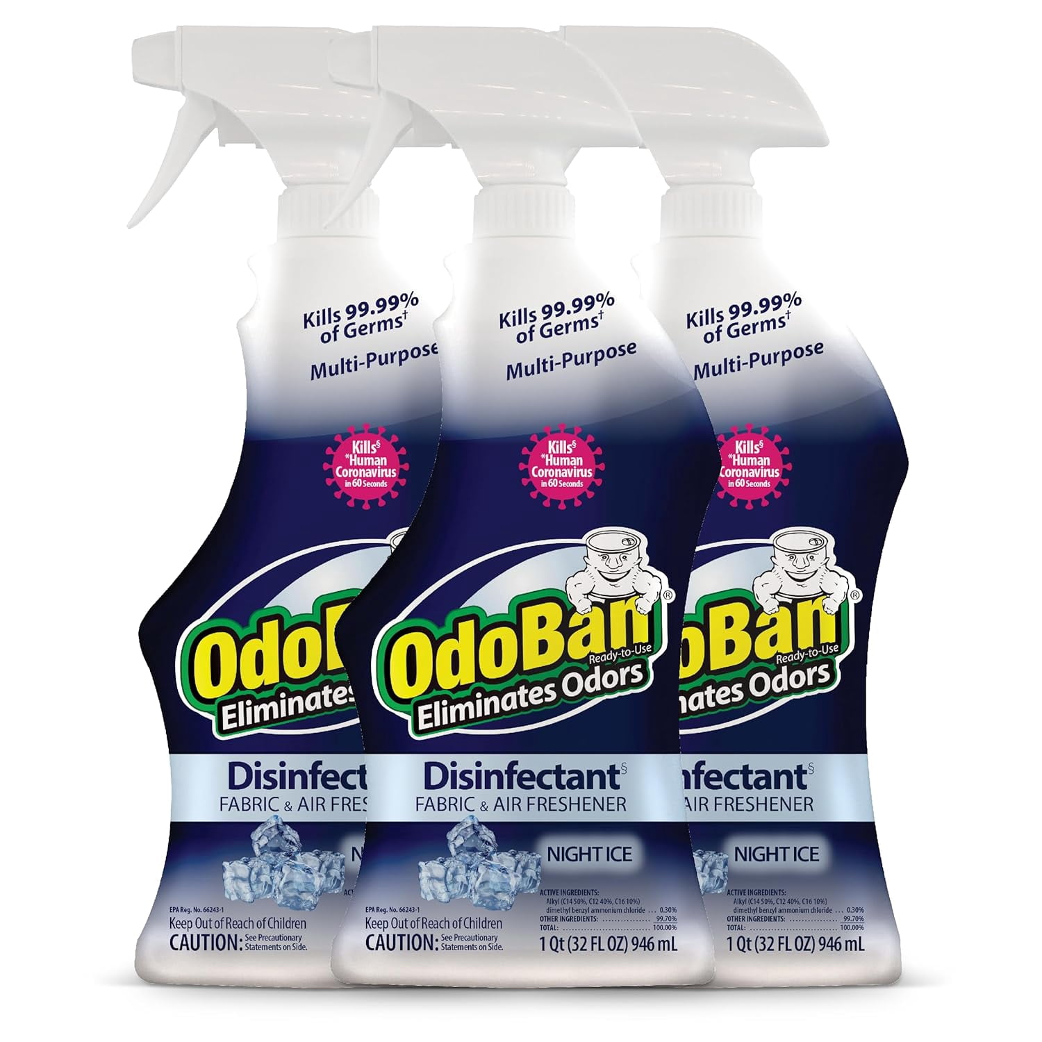 OdoBan Ready-to-Use Disinfectant and Odor Eliminator, 32 fl oz Spray Bottle, Set of 3, Night Ice Scent