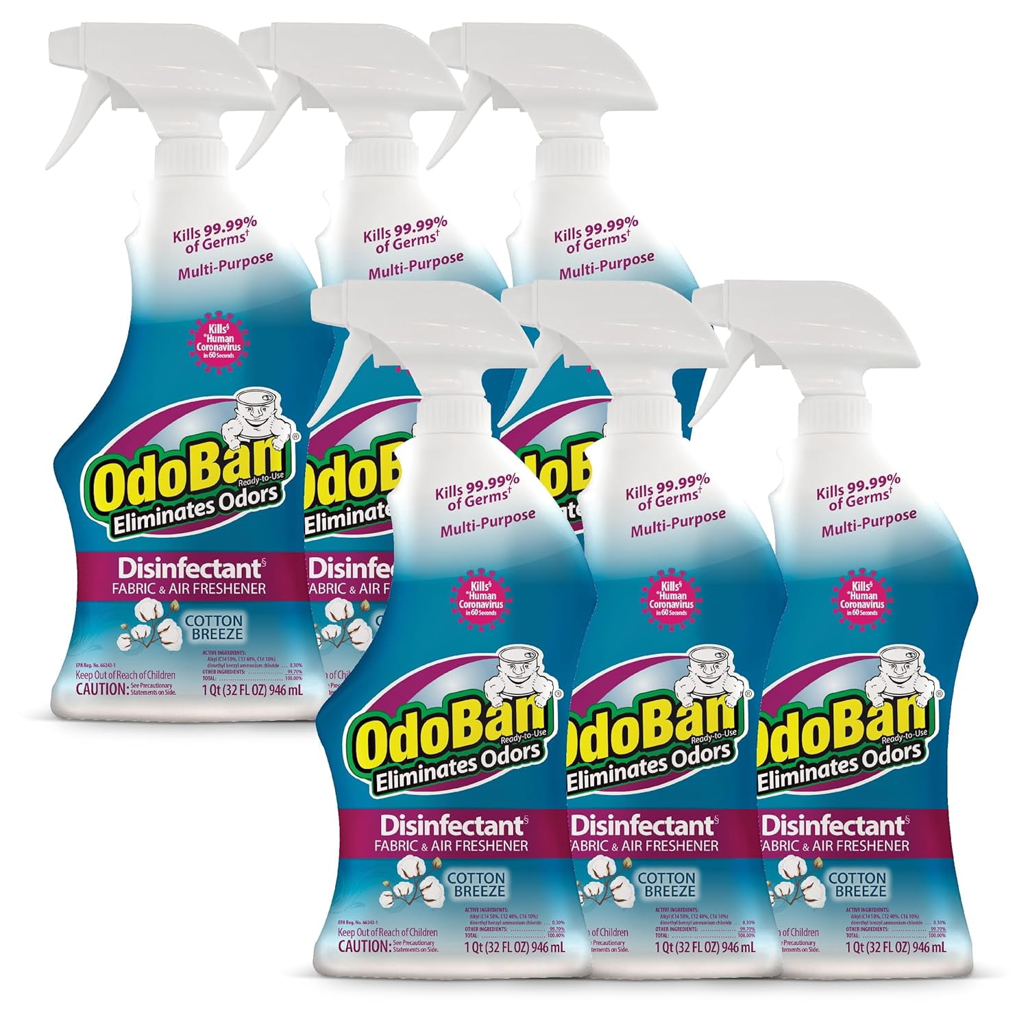 OdoBan Ready-to-Use Disinfectant and Odor Eliminator, 32 fl oz Spray Bottle, Set of 6, Cotton Breeze Scent