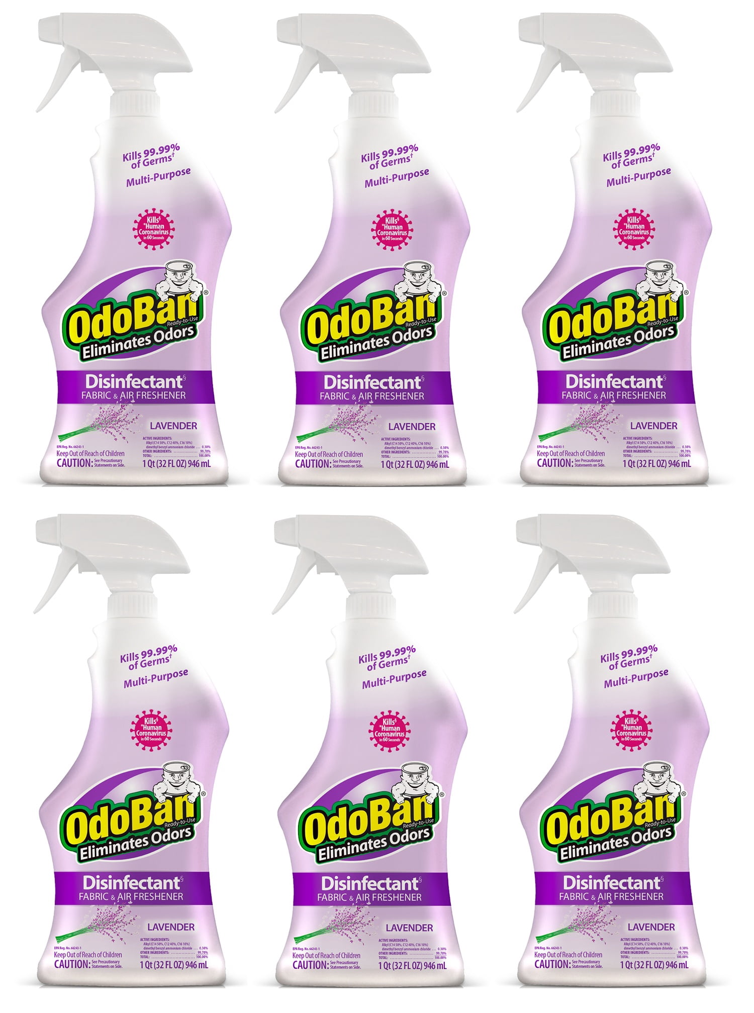 OdoBan Ready-to-Use Disinfectant and Odor Eliminator, 32 fl oz Spray Bottle, Set of 6, Lavender Scent
