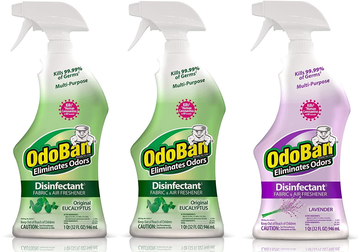 OdoBan Ready-to-Use Disinfectant and Odor Eliminator, Set of 3, 32 Ounces Each, 2 Bottles Original Eucalyptus and 1 Bottle Lavender Scent