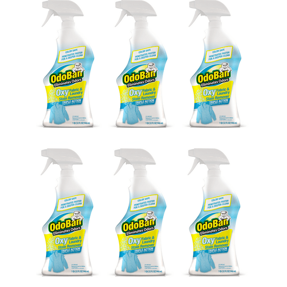 OdoBan Ready-to-Use Oxy Fabric and Laundry Stain Remover, Triple Action Stain Eliminator, 6-Pack, 32 Ounce Spray Each