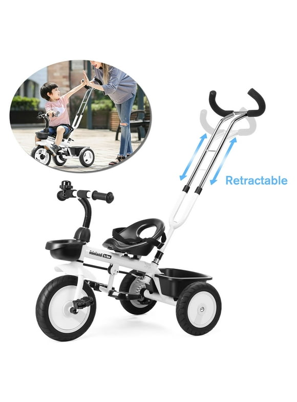 Odoland Kids' Tricycles Push Bike for 1-5 Years Old, Toddler Bicycle, Toddler Tricycle, Stroller Tricycle Walker With Retractable Push Handle,Safe Belt & 2 Storage baskets