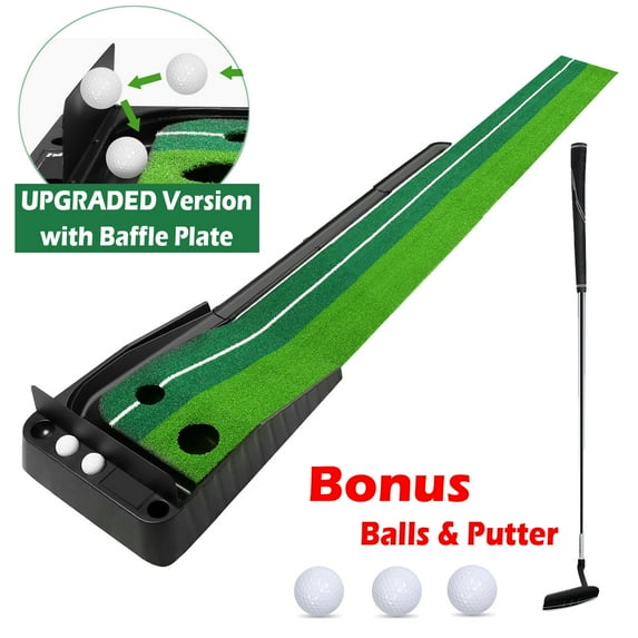 Odoland Portable Golf Ball Return Putting Green Set,Indoor/Outdoor Training Mat 100x12 Inches + Putter + 3 Balls, Perfect Gift for Both Kids and Adults