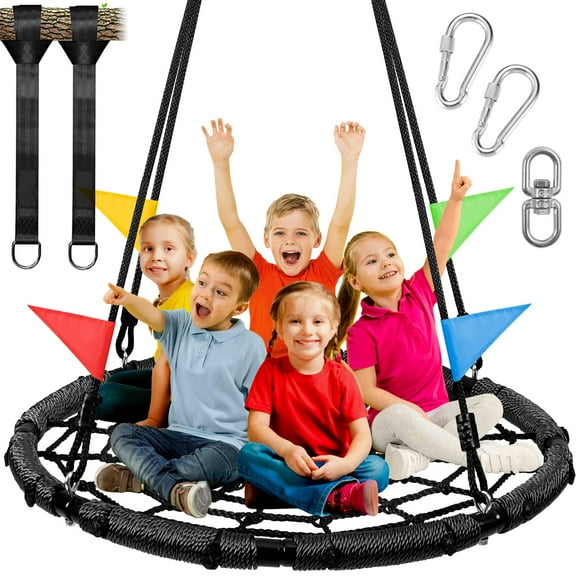 Odoland Spider Web Tree Swing for Kids and Adult, Outdoor Saucer Net Round Swing with Steel Frame and 2 Hanging Straps and Turnbuckle - 43in Large Platform for Backyard Park Travel