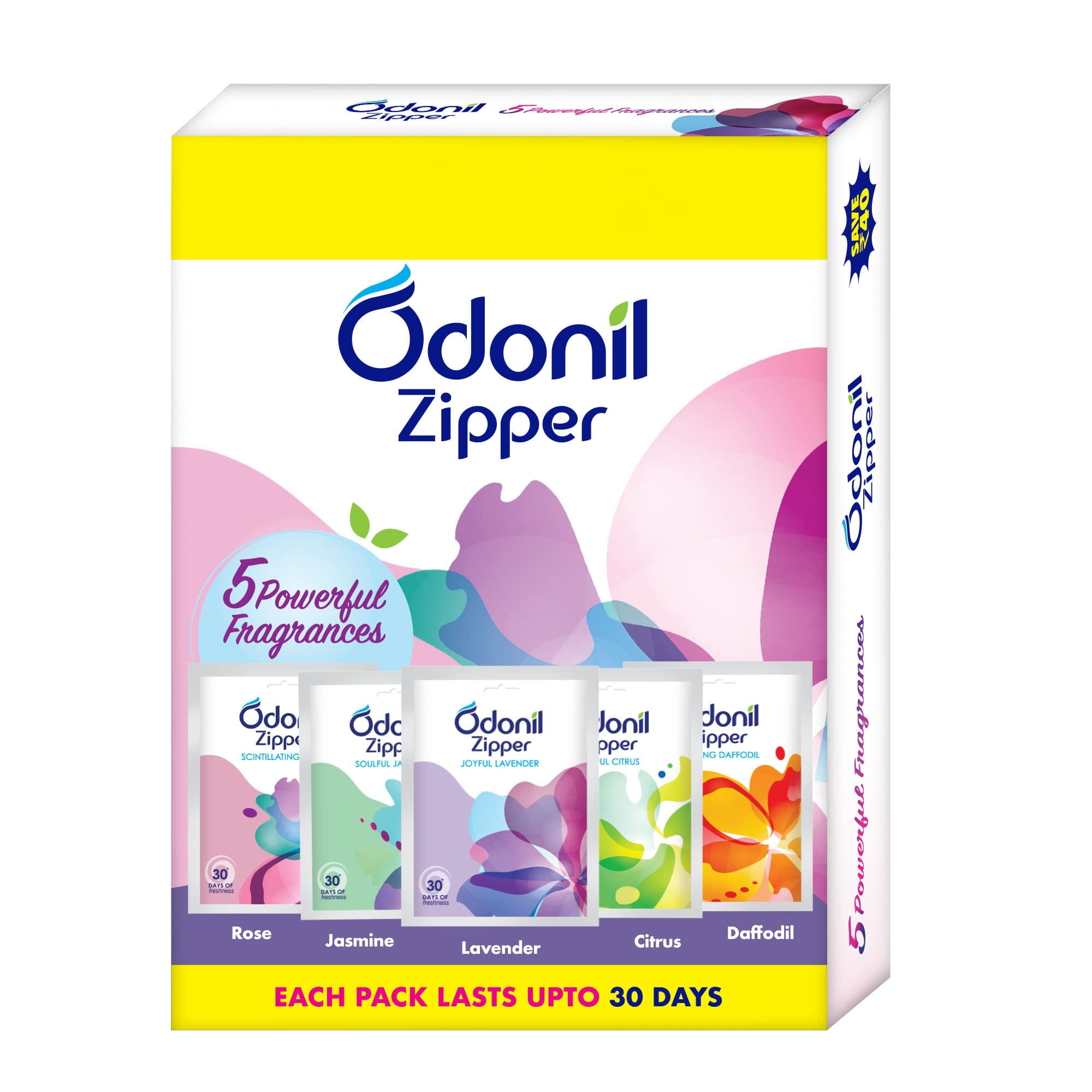 Odonil Zipper - 50Gm (10Gm X5) | Air Freshener - Bathroom And Toilet | Lasts Up To 30 Days | Assorted Pack