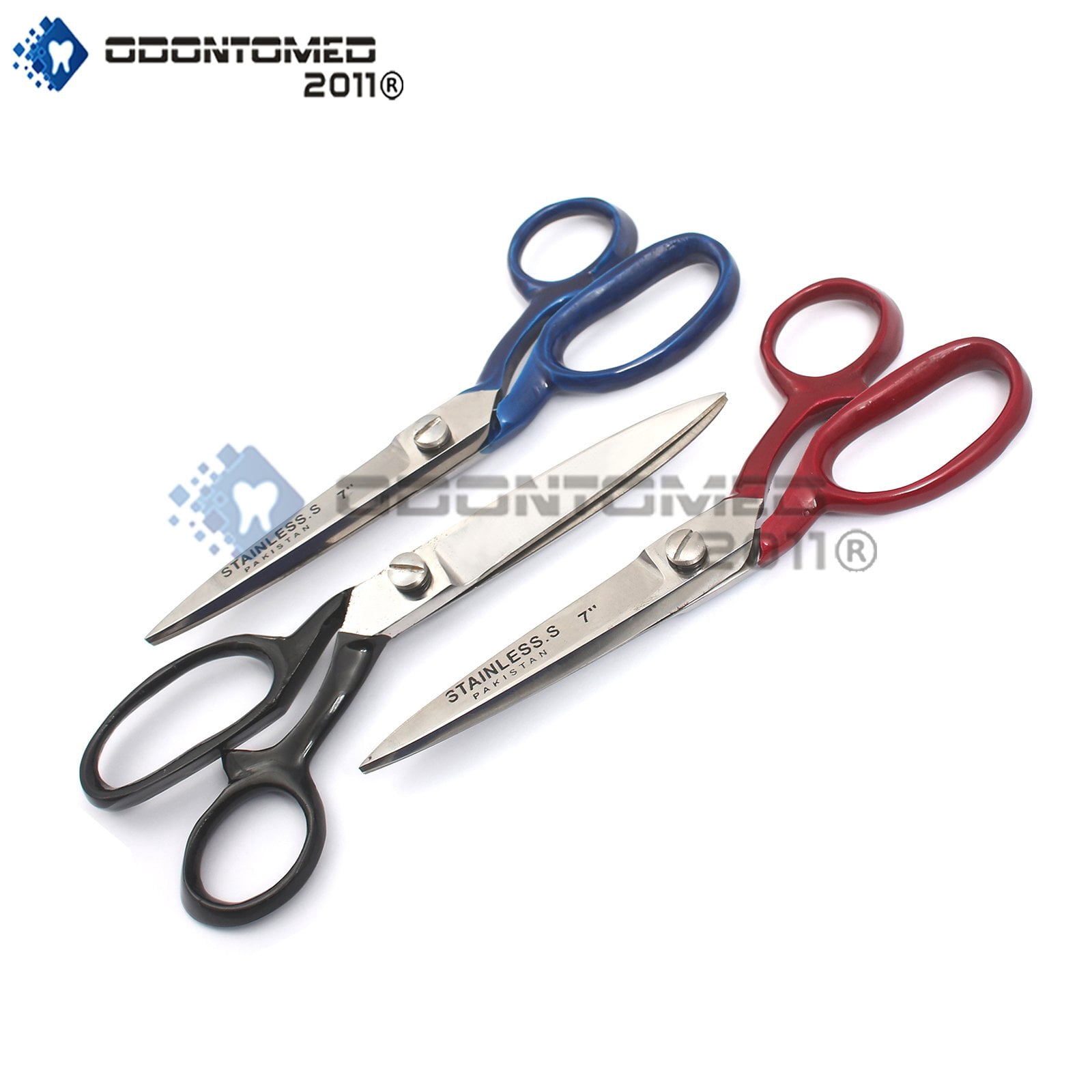 OdontoMed2011 3 Pcs Taylor Scissors Fabric Cutting Stainless Steel Red, Black, Blue Color Coated Handle Tailor Scissor (7", Red Black Blue, 3)