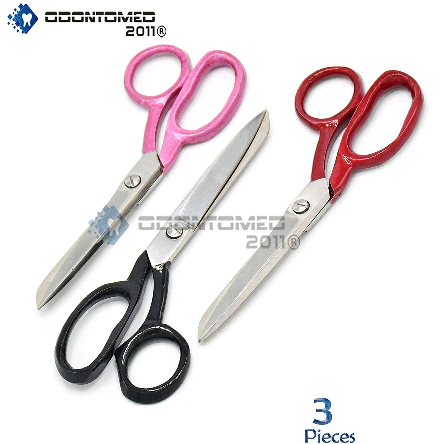 OdontoMed2011® 3 Tailor Scissors Pink, Black, Red - 7'' Heavy Duty Fabric Cutter Upholstery