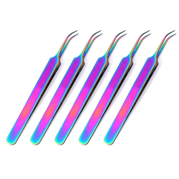 OdontoMed2011® 5 Pieces Stainless Steel Multi Rainbow Color 3d Eyelash Extension Tweezers Angled Fine Point 4.5" Jewelry-making, Laboratory Work