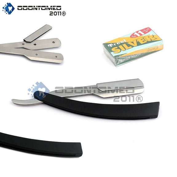 OdontoMed2011 Black Straight Barber Edge Razor Folding Shaving Knife 11 Carbon Steel Blades