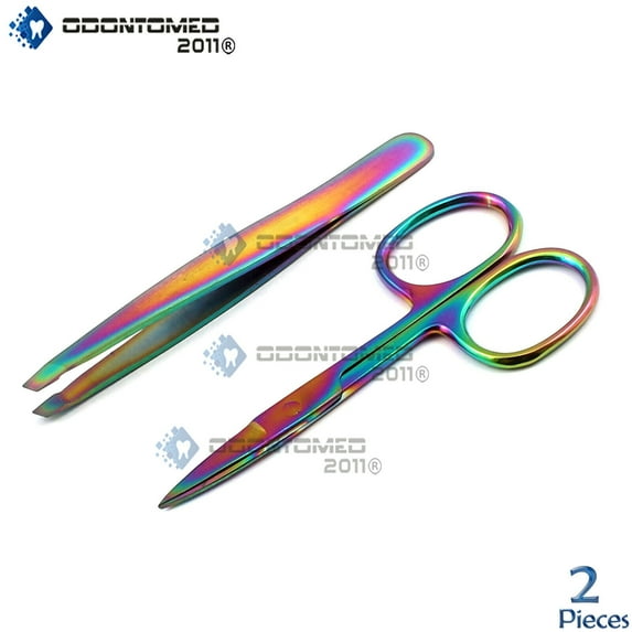OdontoMed2011 Cuticle Nail Scissors 3.5'' Straight & Slanted Tweezers Multi-Rainbow Color