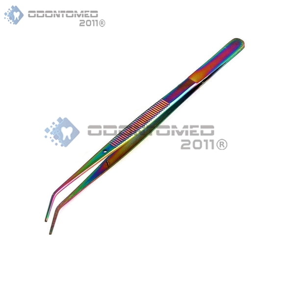 OdontoMed2011 Multi Color Rainbow 6-inch Sewing Machine Tweezers Serrated Bent Tips | Professional High Precision | Stainless Steel