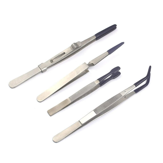OdontoMed2011 Pack Of 4 Pcs Tweezers Rubber Coated Tips Pvc Non Marring Beads Jewelry Hobby Craft Work Stainless Steel Tweezers Set