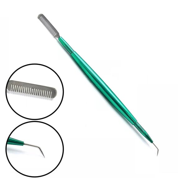 OdontoMed2011 Stainless Steel Eyelash Separator Tool for Eyelash Eyebrow Perming Tinting, 2 in 1 Eye Lash Lift Tool – Metal Lash Lift Rods Tools for Curling Extensions, Precision Lash Comb - Green