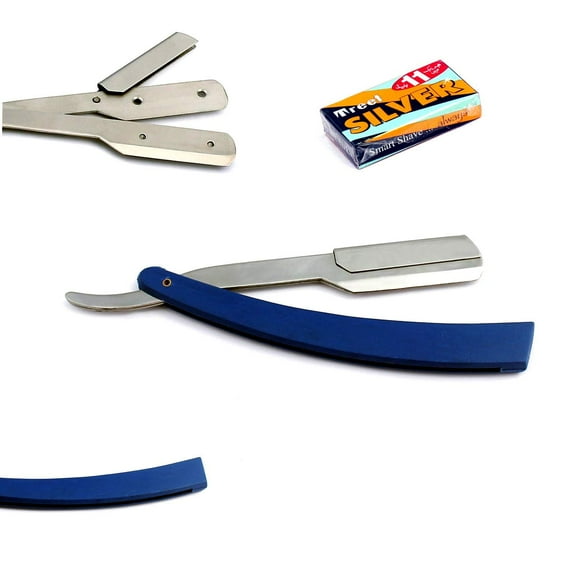 Odontomed2011 Professional Straight Barber Edge Steel Razors Folding Shaving Knife Folding Hair Removal Shaving Razor (Blue Handle + 11 Blades)