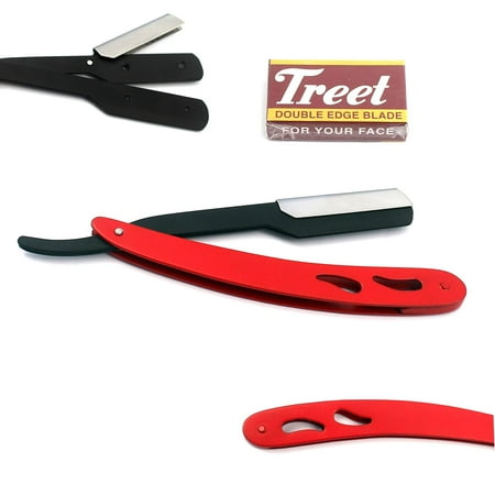 Odontomed2011 Professional Straight Edge Razor With 100 Single Edge Blades - Close Shaving Men's Manual Shaver Safety (Red & Black)